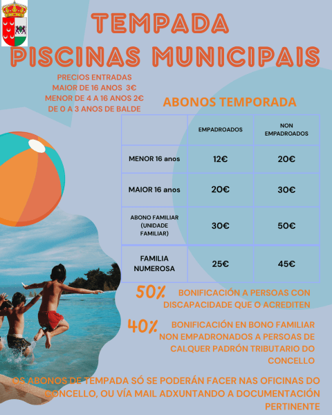 Cartel informativo coa táboa de prezos das entradas e abonos de tempada para as piscinas.