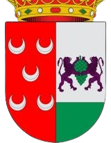 Escudo heráldico do concello de Xunqueira de Ambía rematado cunha coroa, dividido nunha metade vermella con lúas brancas e outra metade con 