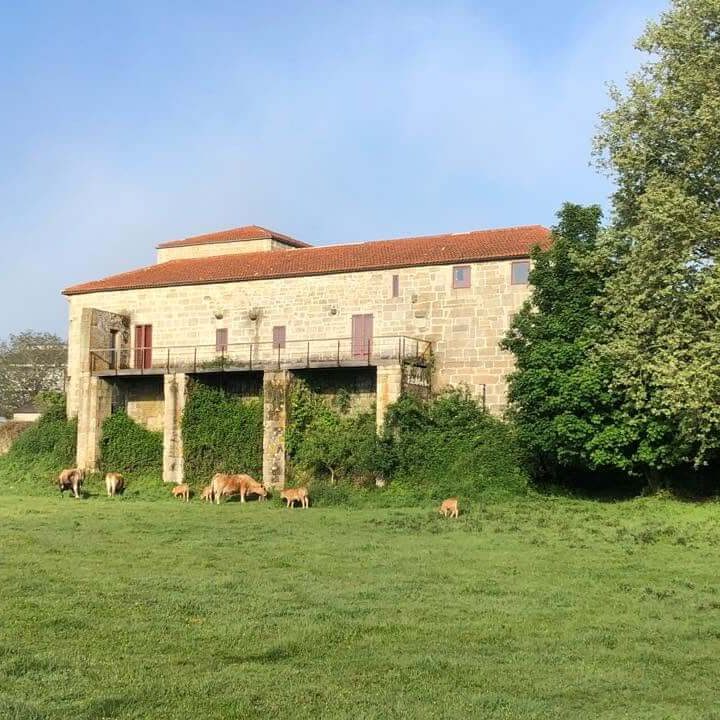 Edificio histórico situado nun prado verde, con muros de pedra na planta baixa e unha fachada branca na planta superior.